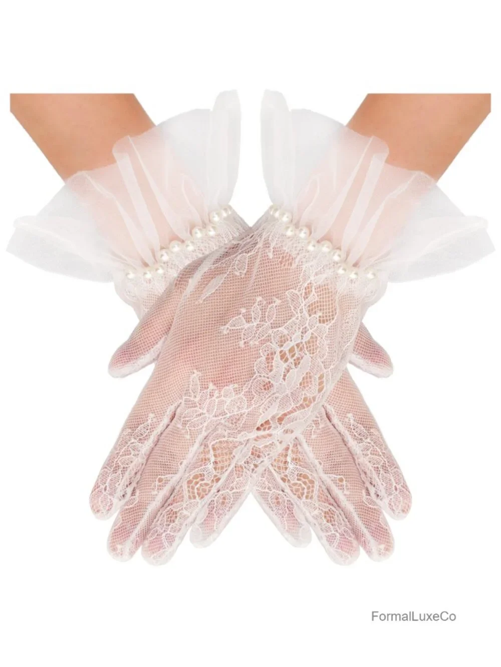 Short Lace Gloves Pearl Tulle Mesh Bridal Wedding Party Opera Gloves